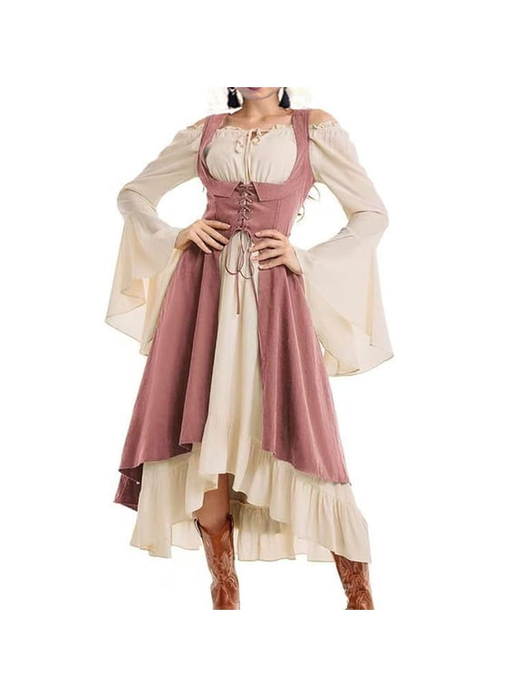 Halloween Costume for Women Patchwork Flare Sleeve A-Line Maxi Dress Medieval Court Themed Party Dress for Spring and Summer Daily and Event Wear Pink