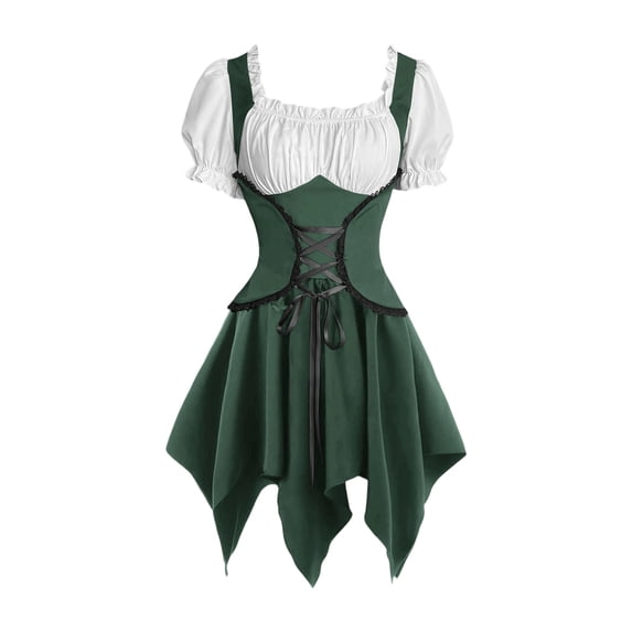 Virmaxy Halloween Costume for Women Medieval Vintage Lace-Up Corset Dress Puff Sleeve Irregular Hem Themed Party Halloween Dress, Green