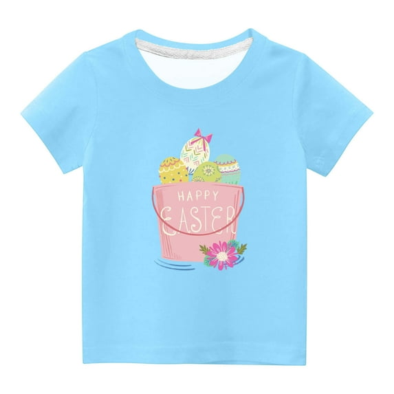 Virmaxy Happy Easter T Shirt for Toddler Baby Boys Girls Easter Egg Letter Print Tees Tops 2024 Easter Day Gift Kids Boys Girls Fashion Cute Short Sleeve Crew Summer Tee Sky Blue-A 9Y