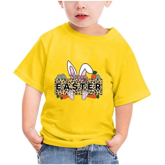 Virmaxy Happy Easter T Shirt for Toddler Baby Boys Girls Leopard Eggs Hunt Bunny Rabbit Graphic T-Shirt Kids Boys Girls Fashion Cute Short Sleeve Crew Summer Tee Yellow-A 3T