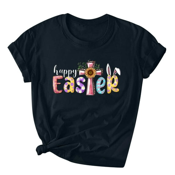 Virmaxy Happy Easter Womens Cross Graphic Basic Tee Easter Fashion Printed Short Sleeved T-Shirt With Novel Pattern Short Sleeved Round Neck Top Black-A M