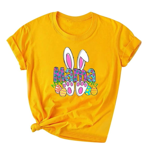Virmaxy Happy Easter Womens Cross Graphic Basic Tee Easter Fashion Printed Short Sleeved T-Shirt With Novel Pattern Short Sleeved Round Neck Top Yellow-B M