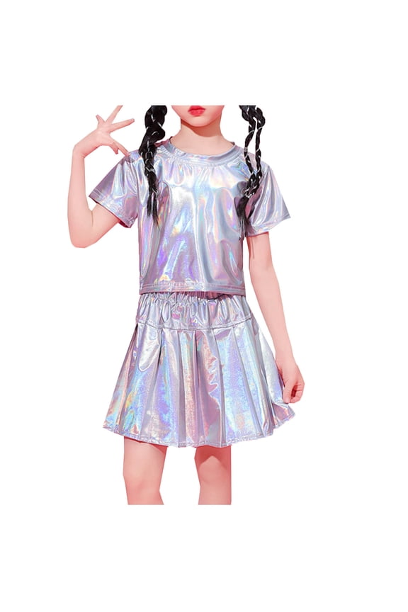Holographic Metallic Party Tee and Shorts Set Loose Fit Y2K Style Two Piece Outfit for Stage Performance and Themed Parties, for 3-15Y Silver