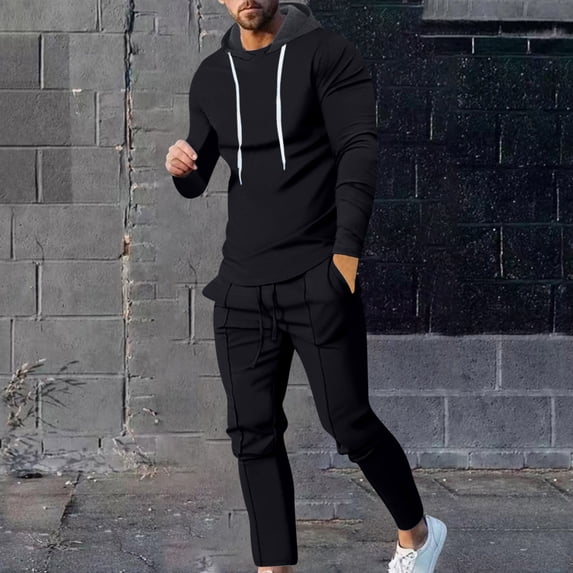 Virmaxy Hoodies For Men 2 Piece Solid Colour Hooded Crew Neck Pullover Top Drawstring With Pocket Yoga Pants Set Black L