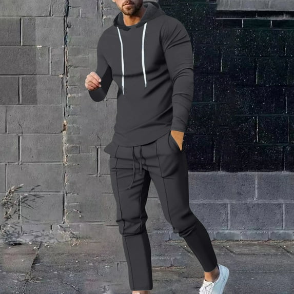 Virmaxy Hoodies For Men 2 Piece Solid Colour Hooded Crew Neck Pullover Top Drawstring With Pocket Yoga Pants Set Dark Gray M