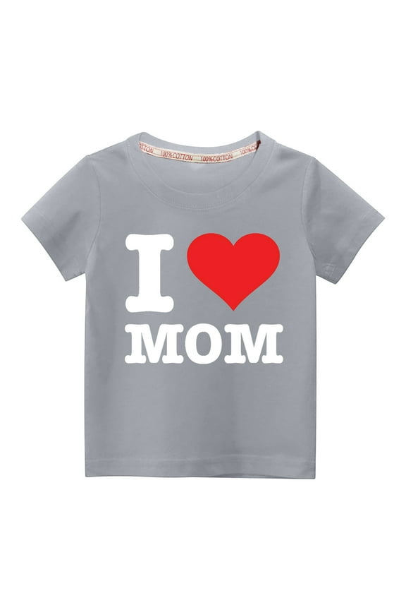 I Love Mom Unisex Kids Valentine's Day Basic Tee Toddler Baby Boys Girls Lightweight Crew Neck Pullover Shirt Spring Summer Short Sleeve Cotton Casual Baggy Tees Gray-B 7Y