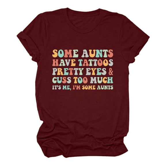 Virmaxy It's Me I'm some Aunts Womens Trendy Letter Printed Dressy Tops Round Neck Short Sleeve Loose Blouses Comfy Tunic Tops Summer Fashion Casual Baggy Basic Tee Burgundy S