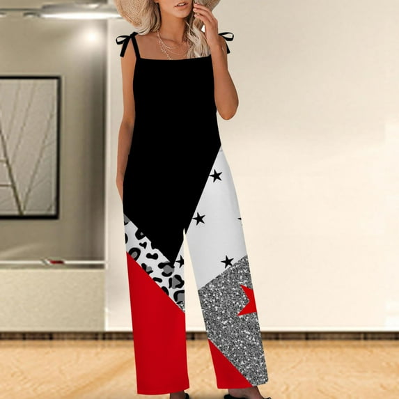 Virmaxy Jumpsuits for Women Independence Day Star Spangled Print Rompers Sleeveless Adjustable Straps Coveralls Wide Leg Overalls For Women Loose Fit Black M