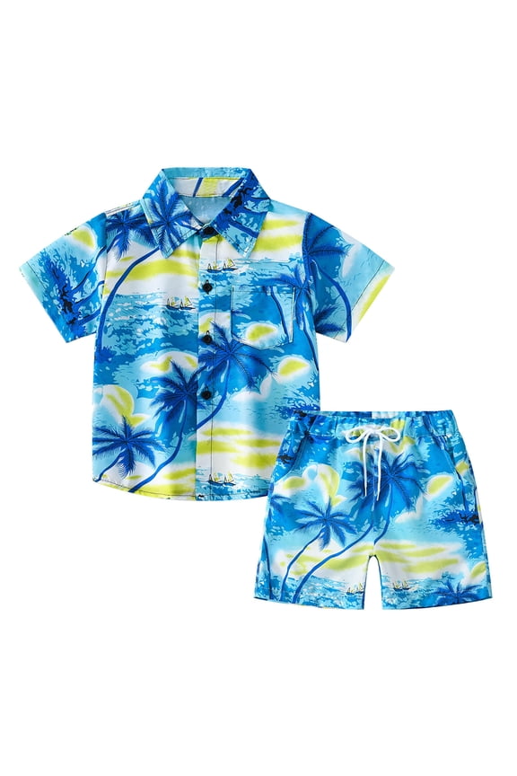 Kids Boys Hawaii Shirt Set Toddler Boys Tropical Coconut Seaside Printed Tops with Pocket Lapel Short Sleeve Shirt |Shorts Set Summer Fashion Cool Beachwear Suit Blue 5T