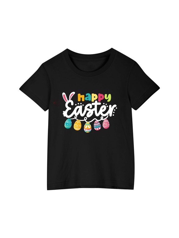 Kids Easter Egg Hunt Outfit - Cute Rabbit Graphic Cotton T-Shirt with "Happy Easter" Text for Toddler Boys & Girls Playdate, Sunday Brunch Black-2 9 Years