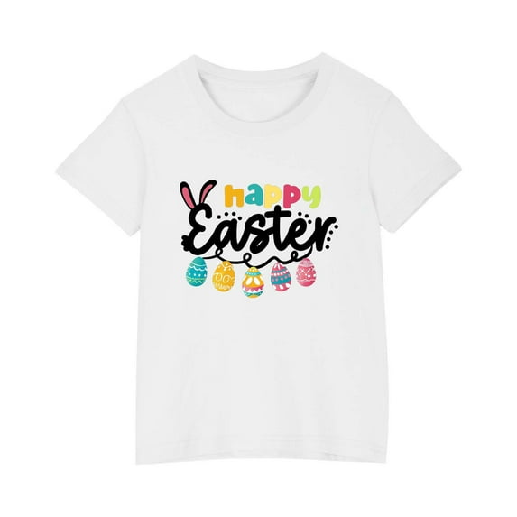 Virmaxy Kids Easter Egg Hunt Outfit - Cute Rabbit Graphic Cotton T-Shirt with "Happy Easter" Text for Toddler Boys & Girls Playdate, Sunday Brunch White-2 4 Years