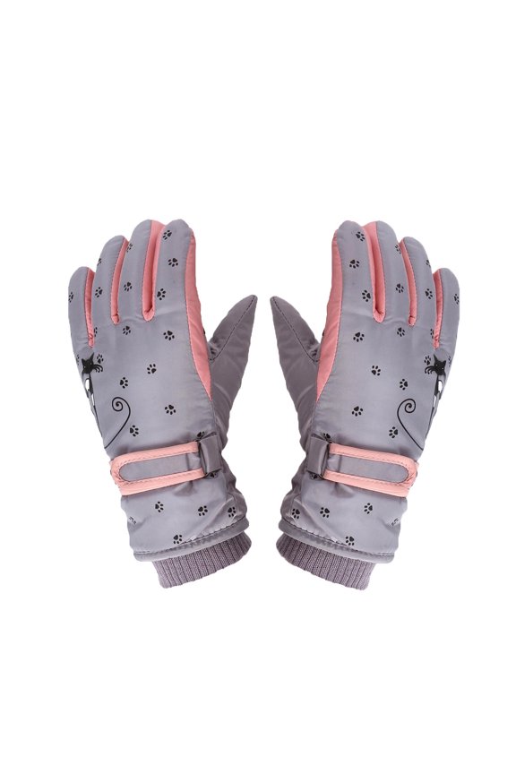 Kids Kitten Print Waterproof Windproof Winter Gloves 6-12 Years Adjustable Wrist Strap Non Slip Palm for Outdoor Activities Daily Use