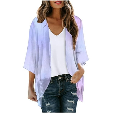 Virmaxy Lightweight Cardigans For Women Long Sleeve Printing Casual Tops Blouse With Pocket Cardigan Purple-B XL