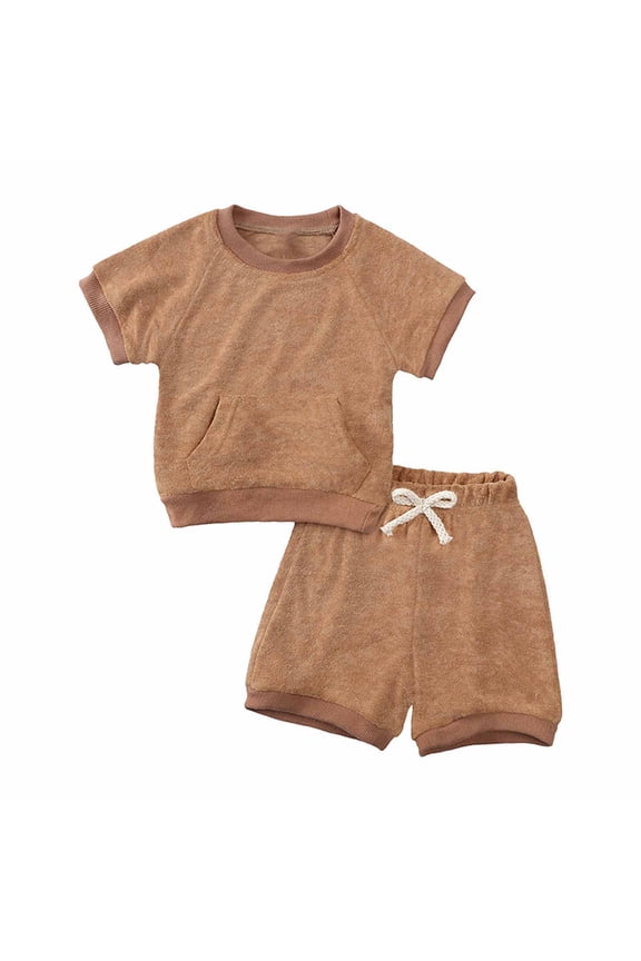 Little Kids Boys Summer Terry Cloth Shirt Suit Toddler Baby Boys Solid Color Cotton Crepe Gauze T-shirt Crew Short Sleeve Tops |Shorts 2 Piece Set Brown 2T