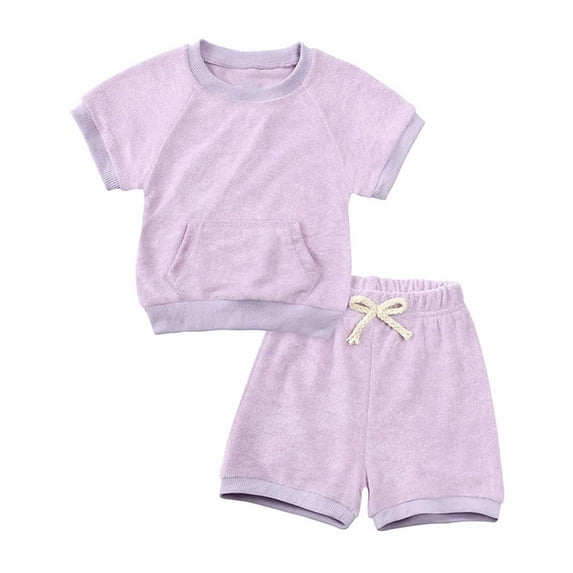 Virmaxy Little Kids Boys Summer Terry Cloth Shirt Suit Toddler Baby Boys Solid Color Cotton Crepe Gauze T-shirt Crew Short Sleeve Tops |Shorts 2 Piece Set Purple 9-12 Months