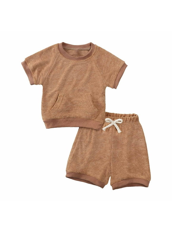 Virmaxy Little Kids Boys Summer Terry Cloth Shirt Suit Toddler Baby Boys Solid Color Cotton Crepe Gauze T-shirt Crew Short Sleeve Tops |Shorts 2 Piece Set Brown 2T