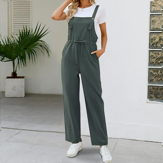 Virmaxy Loose Overalls For Women Fashion Color Waist Strap Pants Jumpsuit Wide Leg Overalls For Women Loose Fit Dark Gray L