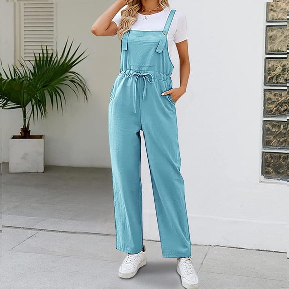 Virmaxy Loose Overalls For Women Fashion Color Waist Strap Pants Jumpsuit Wide Leg Overalls For Women Loose Fit Sky Blue XL