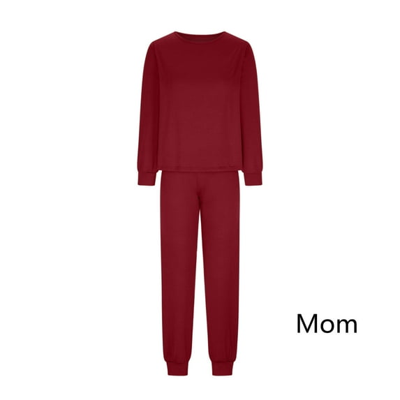 Virmaxy Matching Family Pajamas Sets Christmas Women Solid Color Long Sleeve Crew Neck Shirt Tops With Bottom Outfits Home Wear Red L