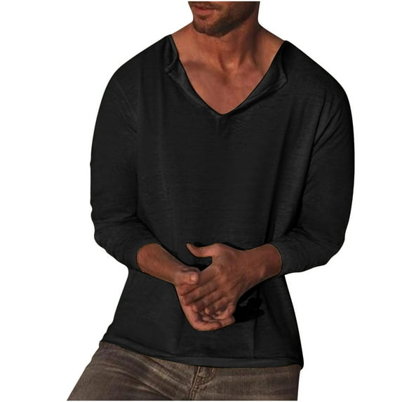 Virmaxy Men Fall Solid V-Neck Breathable comfortable Long Sleeve Shirt 100% bamboo cotton Fashion Black Tops Suitable for Running Lounging Casual Workout Up To XXXL