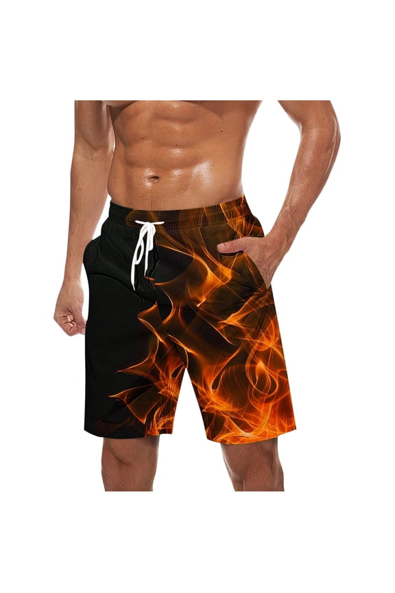Men's Board Shorts Hawaiian Breathable Flame Print Swimwear with Elastic Waist Drawstring Summer Shorts for Surfing Pool Parties Orange-1 M