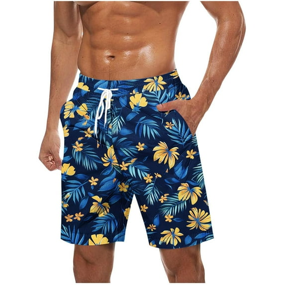 Virmaxy Men's Board Shorts Hawaiian Breathable Tropical Floral Print Swimwear with Elastic Waist Drawstring Summer Shorts for Island Getaways Blue-7 XL