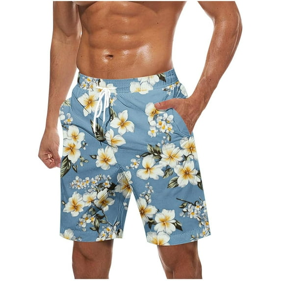 Virmaxy Men's Board Shorts Hawaiian Breathable Tropical Floral Print Swimwear with Elastic Waist Drawstring Summer Shorts for Island Getaways Blue-9 XL