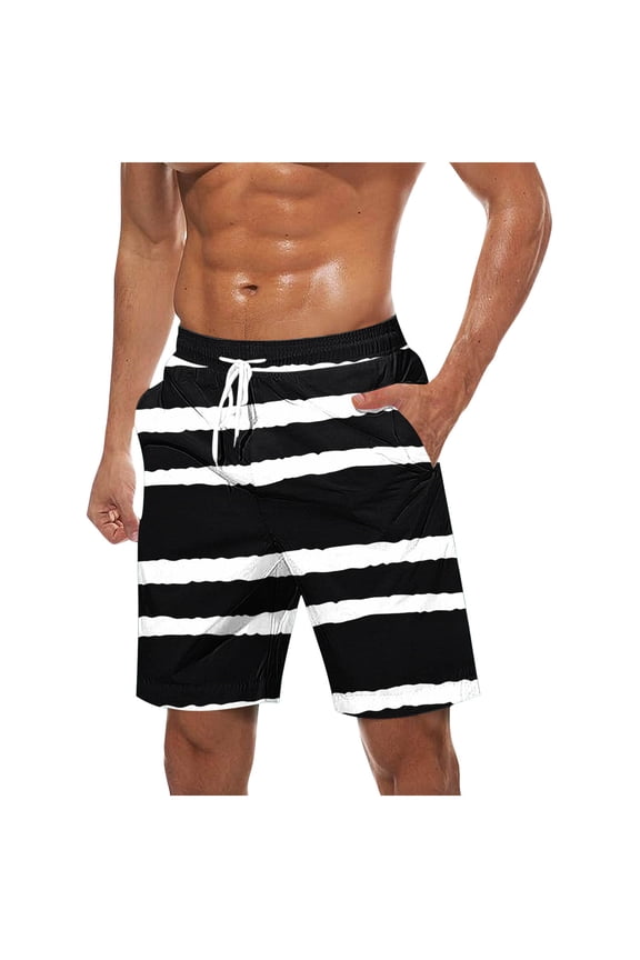 Men's Breathable Striped Board Shorts with Pockets Lightweight Beachwear with Drawstring Waist for Resort Vacations Black M