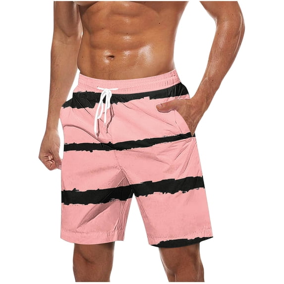 Virmaxy Men's Breathable Striped Board Shorts with Pockets Lightweight Beachwear with Drawstring Waist for Resort Vacations Pink-2 L