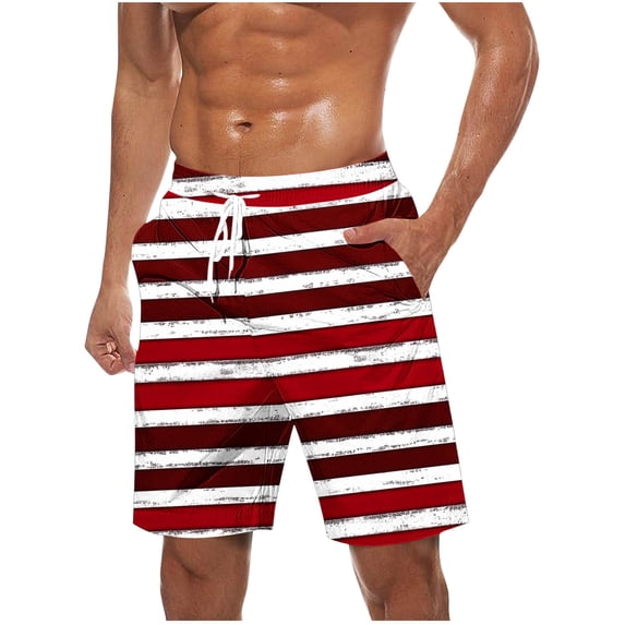 Virmaxy Men's Breathable Striped Board Shorts with Pockets Lightweight Beachwear with Drawstring Waist for Resort Vacations Red L