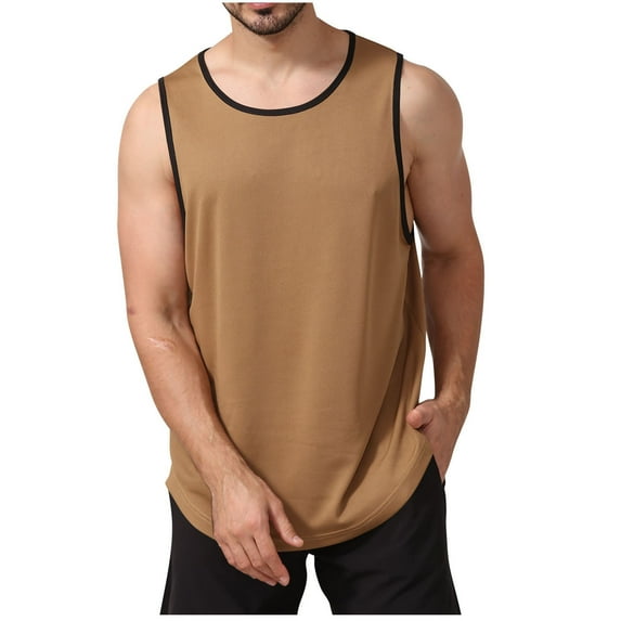 Virmaxy Men's Casual Running Loose Fitness Tank Top with Crew Neck Gym Sleeveless Dry Fit Bodybuilding Shirts Fitness Athletic Muscle Tee Khaki XXL