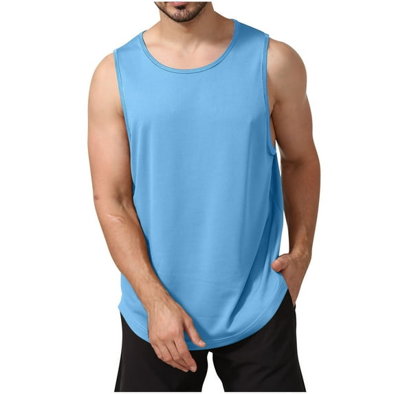 Virmaxy Men's Casual Running Loose Fitness Tank Top with Crew Neck Gym Sleeveless Dry Fit Bodybuilding Shirts Fitness Athletic Muscle Tee Sky Blue L