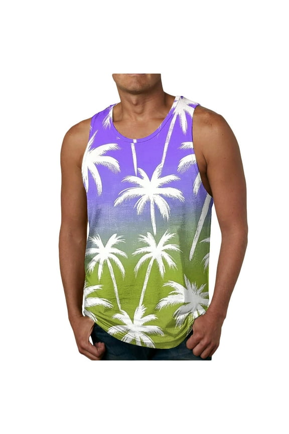 Men's Crew Neck Athletic Tank Top Coconut Print Pullover Tank Top Fitness Vest Performance Workout Muscle Cut Tee Tops Orange-1 XXL