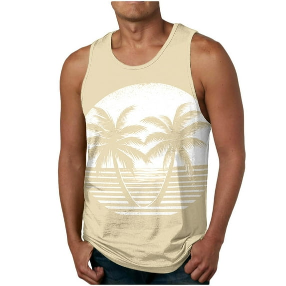 Virmaxy Men's Crew Neck Tank Top Pullover Athletic Tank Top Coconut Print Fitness Tank Top Performance Workout Muscle Cut Tee Tops Beige-1 L