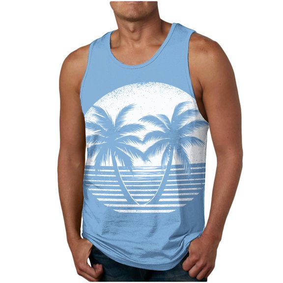 Virmaxy Men's Crew Neck Tank Top Pullover Athletic Tank Top Coconut Print Fitness Tank Top Performance Workout Muscle Cut Tee Tops Light Blue-1 S