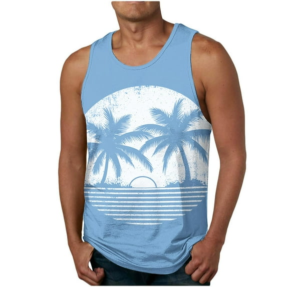 Virmaxy Men's Crew Neck Tank Top Pullover Athletic Tank Top Coconut Print Fitness Tank Top Performance Workout Muscle Cut Tee Tops Light Blue-2 S