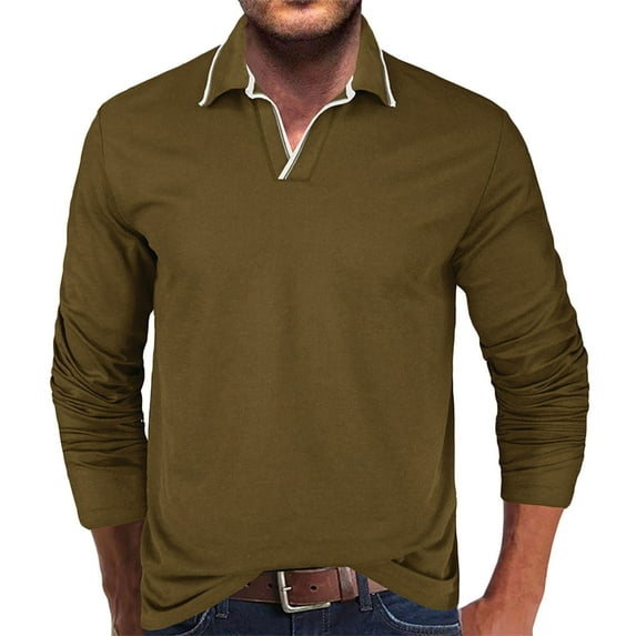 Virmaxy Men's Fall Long Sleeve Solid Color V-Neck Pullover Shirts Quick Dry Lightweight Gentleman'S Business T-Shirt Regular Fit Tops Army Green Tee