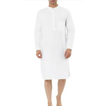 Virmaxy Men's Fall Muslim Mid-Length Robe Arabian Solid Cotton Long-Sleeved Pocket Stand-Up Collar Button Casual White Top