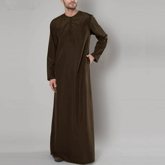 Virmaxy Men's Fall Muslim Solid Color Cotton Robe Suit Arabian Chinese Robe Long Sleeve Standing Collar Zipper Casual Brown Robe Up To XXXXXL