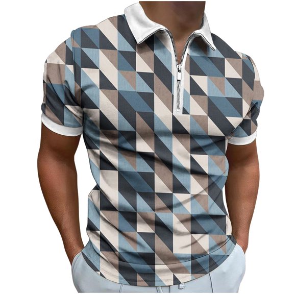 Virmaxy Men's Graphic Tees Half Zipper Front Geometric Print T-shirt Casual Printed Short Sleeve Turn Down Collar Zipper T-Shirt Blouse Tops Blue-C XS