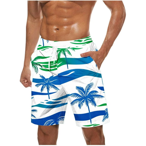 Virmaxy Men's Hawaiian Board Shorts Tropical Palm Print Swim Trunks Shorts with Elastic Waist Drawstring Quick Dry Summer Shorts for Resort Lounging Light Blue M