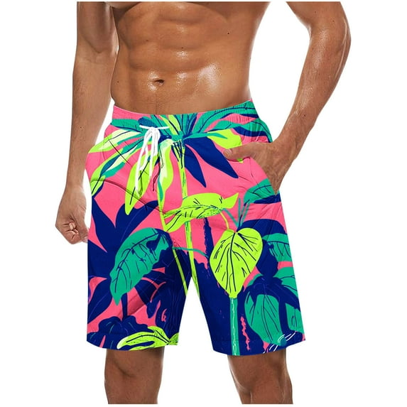 Virmaxy Men's Hawaiian Board Shorts Tropical Palm Print Swim Trunks Shorts with Elastic Waist Drawstring Quick Dry Summer Shorts for Resort Lounging Multicolor XL