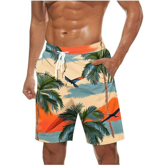 Virmaxy Men's Hawaiian Board Shorts Tropical Palm Print Swim Trunks Shorts with Elastic Waist Drawstring Quick Dry Summer Shorts for Resort Lounging Orange S