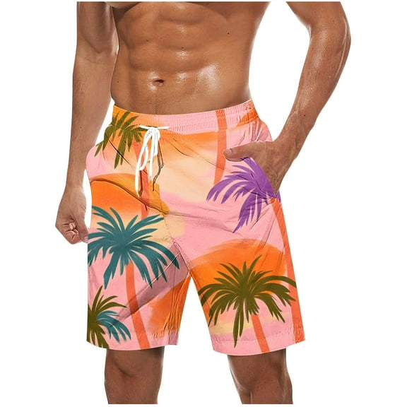 Virmaxy Men's Hawaiian Board Shorts Tropical Palm Print Swim Trunks Shorts with Elastic Waist Drawstring Quick Dry Summer Shorts for Resort Lounging Pink-2 M
