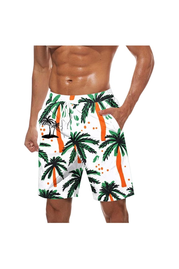 Men's Hawaiian Palm Print Swim Trunks Quick-Dry 4-Way Stretch Beach Shorts with Pockets for Surfing Pool Parties Green XXL