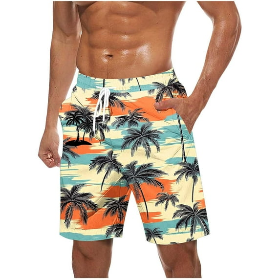 Virmaxy Men's Hawaiian Palm Print Swim Trunks Quick-Dry 4-Way Stretch Beach Shorts with Pockets for Surfing Pool Parties Khaki-2 XXXXL