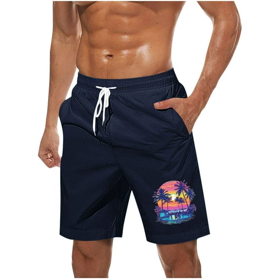 Virmaxy Men's Hawaiian Print Board Shorts Swim Trunks Shorts with Elastic Waist Drawstring Quick Dry Summer Shorts for Resort Lounging Dark Blue-3 L