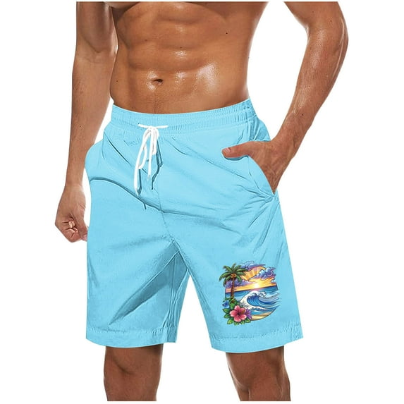 Virmaxy Men's Hawaiian Print Board Shorts Swim Trunks Shorts with Elastic Waist Drawstring Quick Dry Summer Shorts for Resort Lounging Sky Blue-1 M