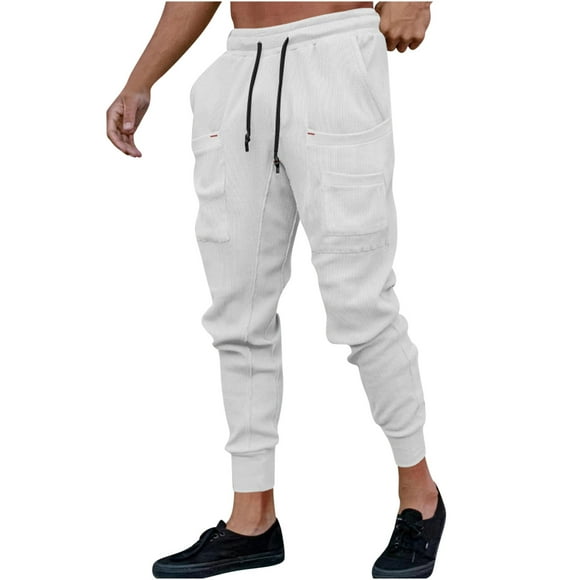 Virmaxy Men's Hiking Tactical Pants Taper Cargo Pants Solid Color Straight Leg Sport Pants Loose Pleated Small Legs Lace-Up Solid Color Full Length Pants White S