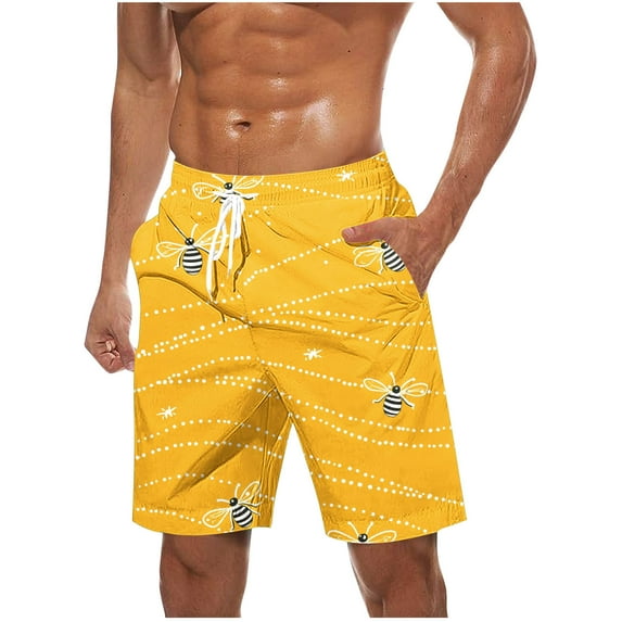 Virmaxy Men's Holiday Hawaiian Beach Shorts Trunks Board Shorts with Elastic Waist Drawstring Quick Dry Swim Trunks Shorts for The Bee Festival Orange-2 M